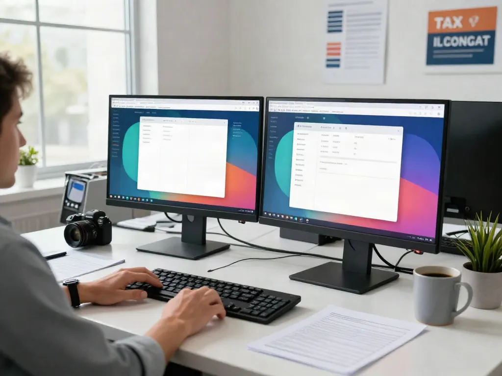 Tax preparer using low-cost professional tax software in a bright office setting.