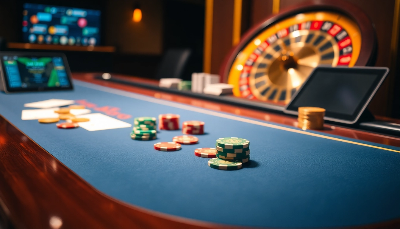 Découvrez un gameplay immersif sur un site de casino en ligne avec une table de blackjack vibrante et une roue de roulette.