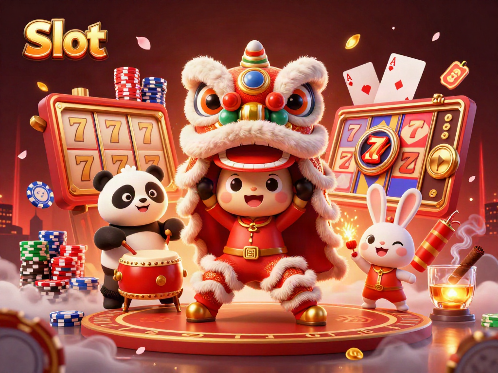 Spin the thrilling Slot reels in a vibrant 3D casino scene featuring festive characters.