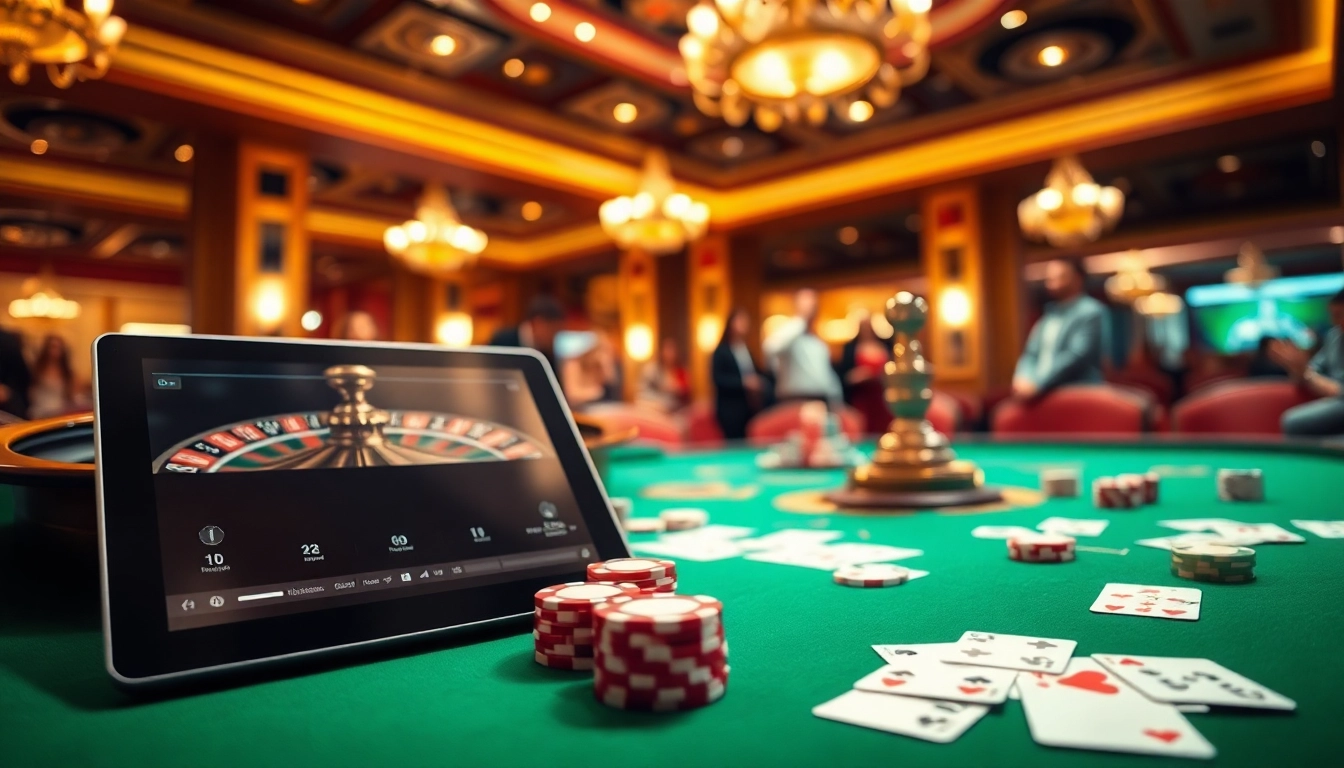 Découvrez l'excitation d'un site de casino en ligne avec une table de jeu élégante et une roulette entourée de jetons de poker vibrants.