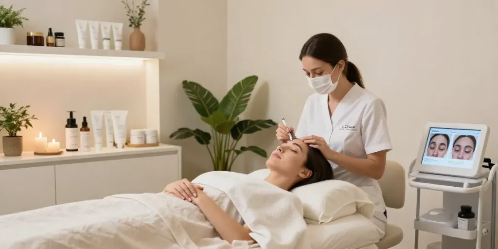 CCeye treatment room showcasing a professional setup for Augenringe abdecken, featuring vegan skincare products and calming ambiance.