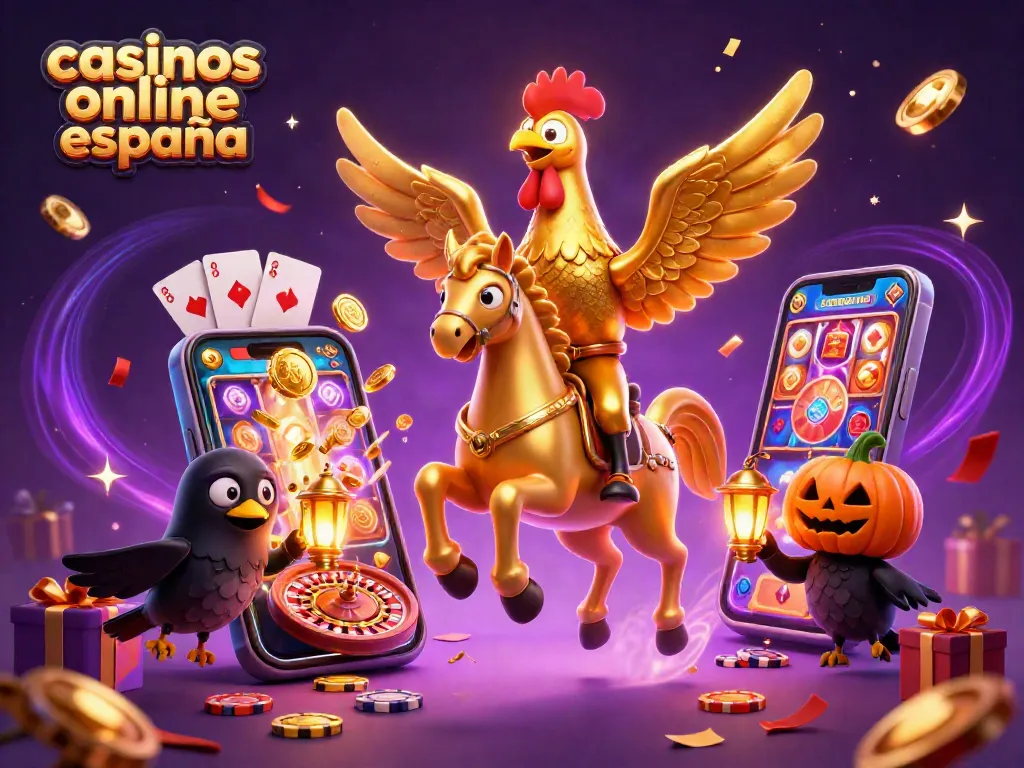 Ilustración 3D de juegos en casinos online España con un gallo dorado y elementos de apuestas.