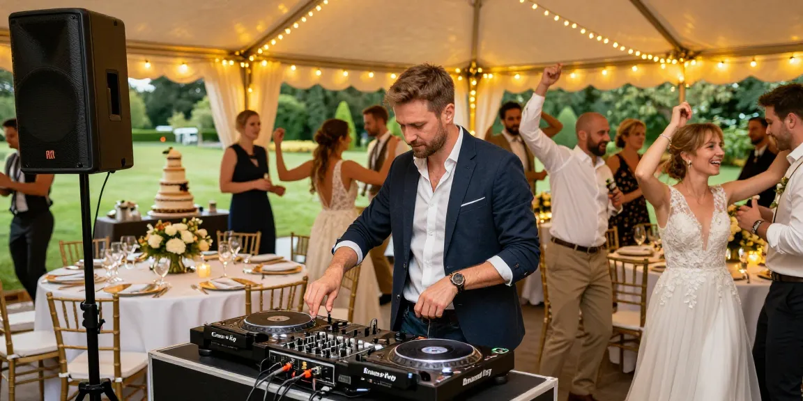 Professioneller Hochzeit DJ in Brandenburg bei festlicher Feier, Tänzer und Dekorationen sichtbar.
