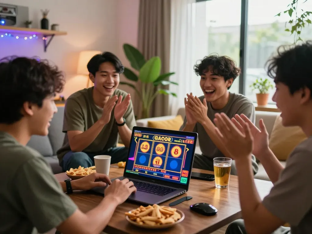 Exciting group of friends enjoying slot gacor games online in a cozy living room.