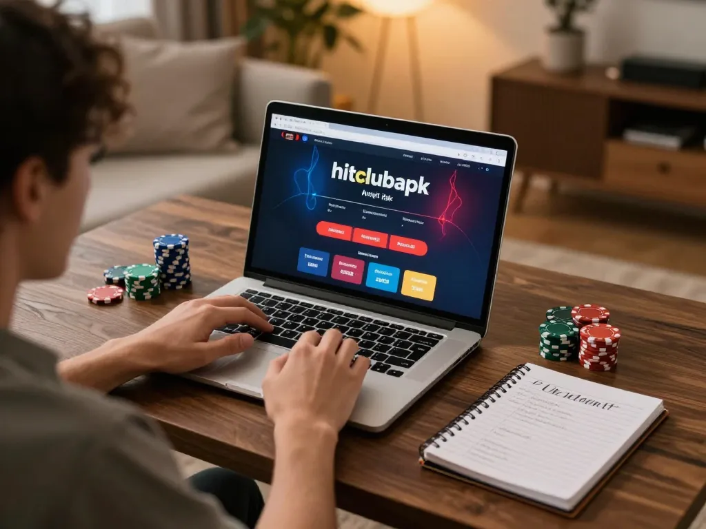 A gamer engaging with hitclubapk app on their laptop, analyzing strategies in a cozy home setting.