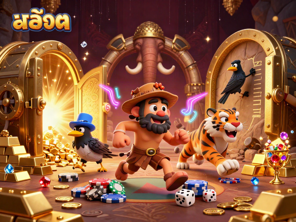 Engage in thrilling สล็อต gameplay with a dynamic prehistoric casino scene featuring iconic characters.