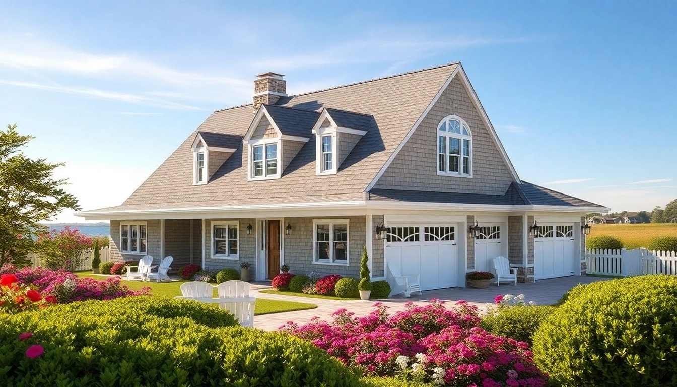 Explore the elegant facade of a cape cod home with attached garage amidst a vibrant garden setting.