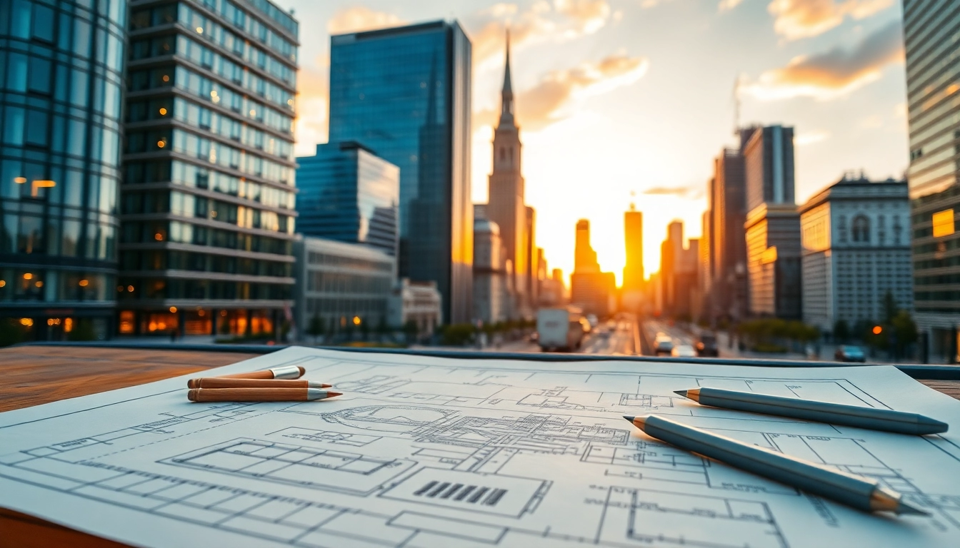 Showcasing architectural design services with a detailed building sketch and urban skyline.