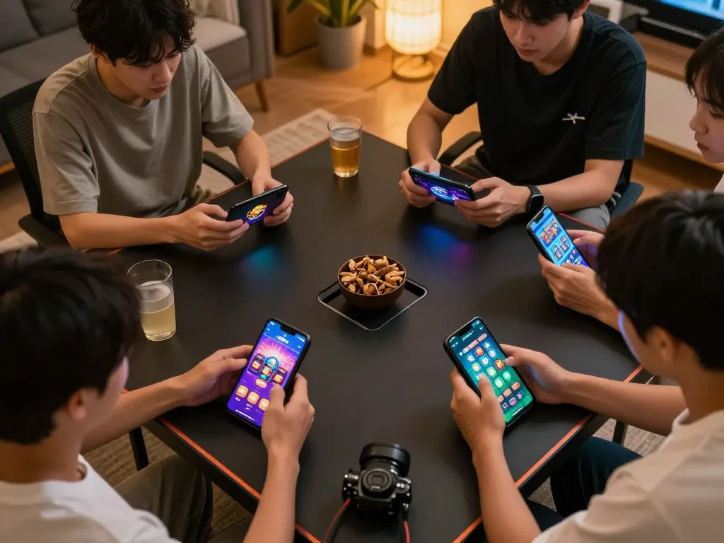 Engaging players using apk slot apps on smartphones during a lively gaming session at home