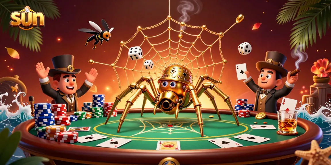 Experience thrilling casino action with the sun-themed golden spider and poker elements in a vivid illustration.