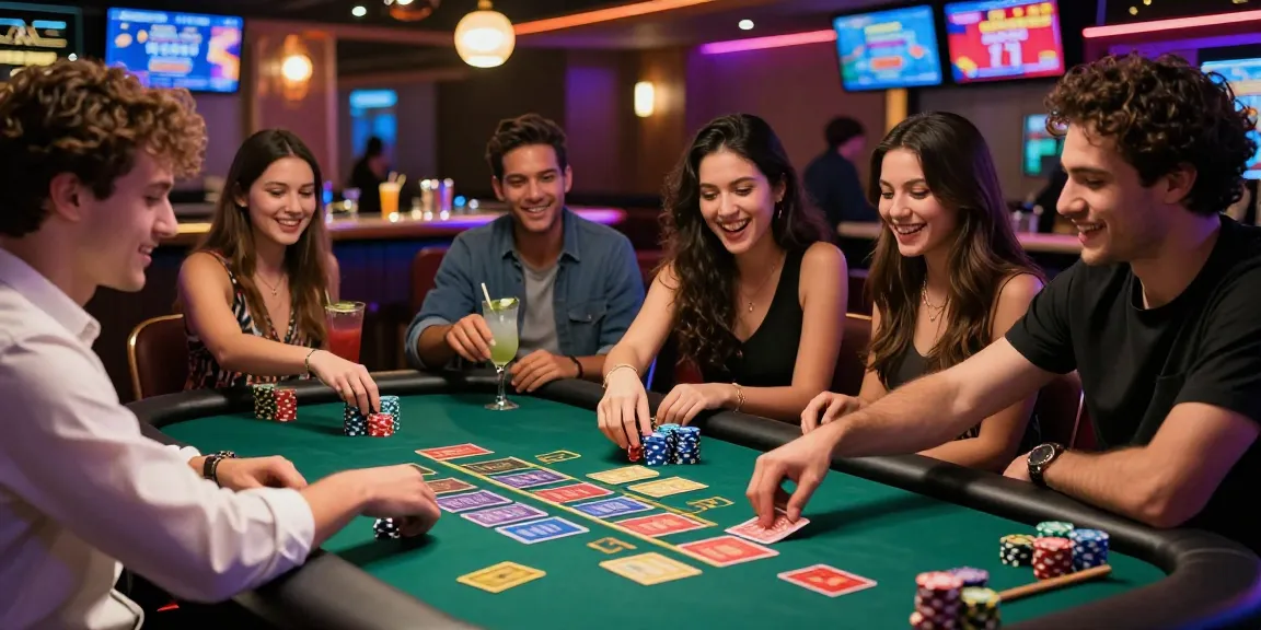 Exciting atmosphere in credit card casinos with players enjoying blackjack under neon lights.