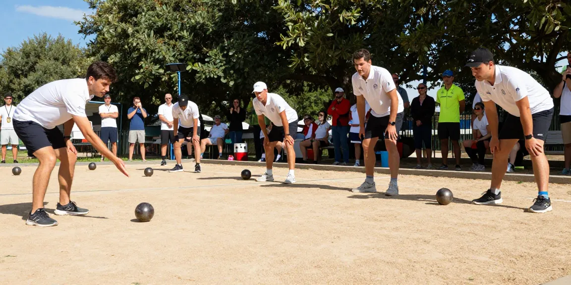 Tim petanque kompetitif di fopikotatomohon.org bermain di lapangan berpasir dengan suasana penuh semangat.