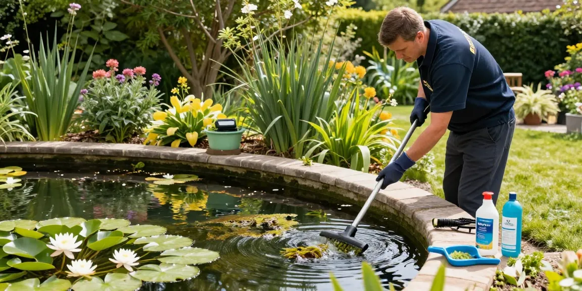 Pond cleaning Essex: technician removing debris and algae in a serene garden pond setup.