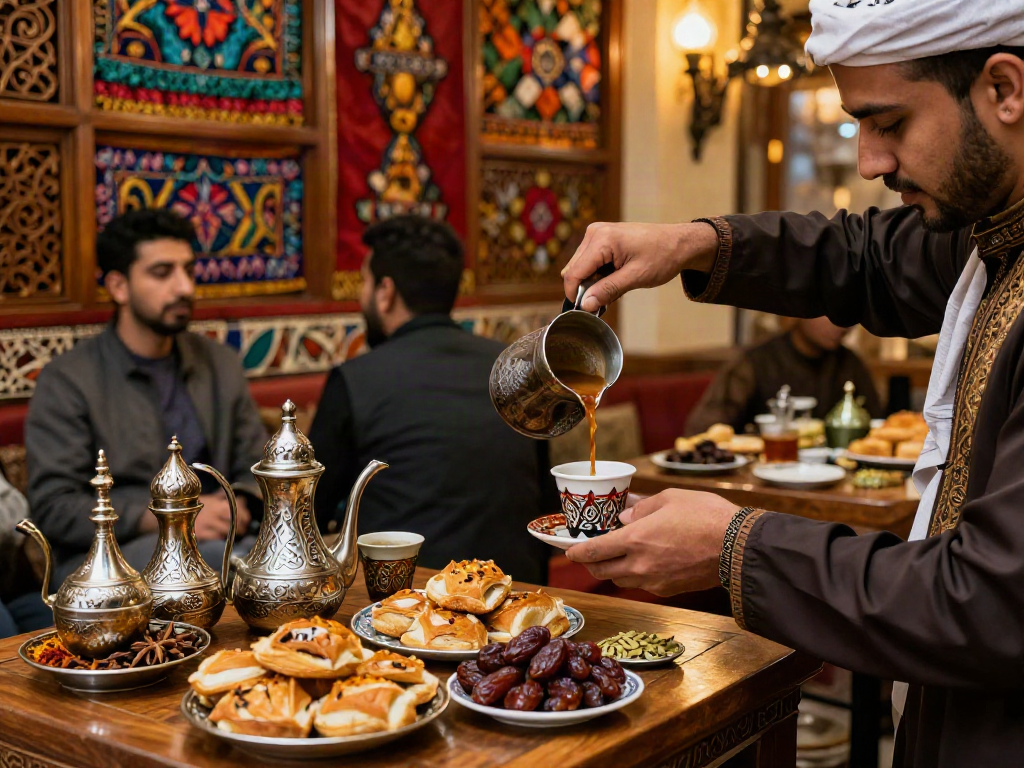 قھوجیین وصبابین الریاض وديكور مقهى عربي تقليدي مع تقديم القهوة