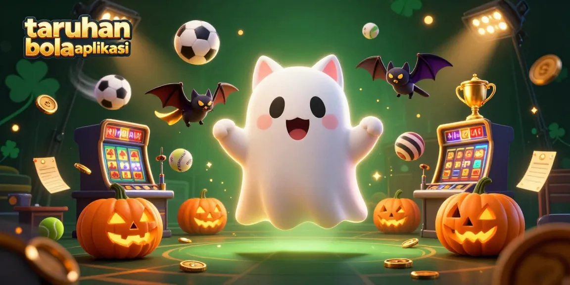 Experience taruhan bola aplikasi in a vibrant 3D scene with a ghost cat and sports balls.