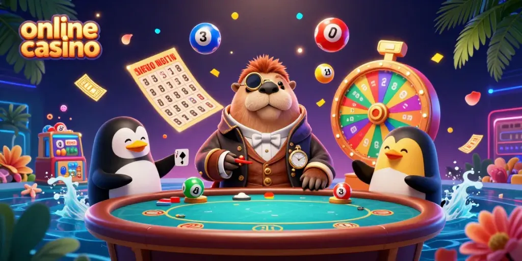 Engage with an immersive online casino scene featuring a cartoon walrus playing poker.