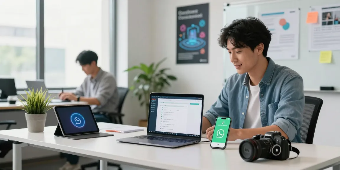 Person interacting with WhatsApp網頁版 on a modern office desk with tech gadgets and motivational decor