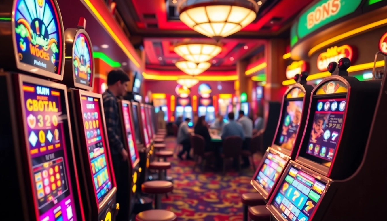 Casino Bonus ohne Einzahlung neu in einem lebhaften Casino mit Spielern und Glücksspielen.