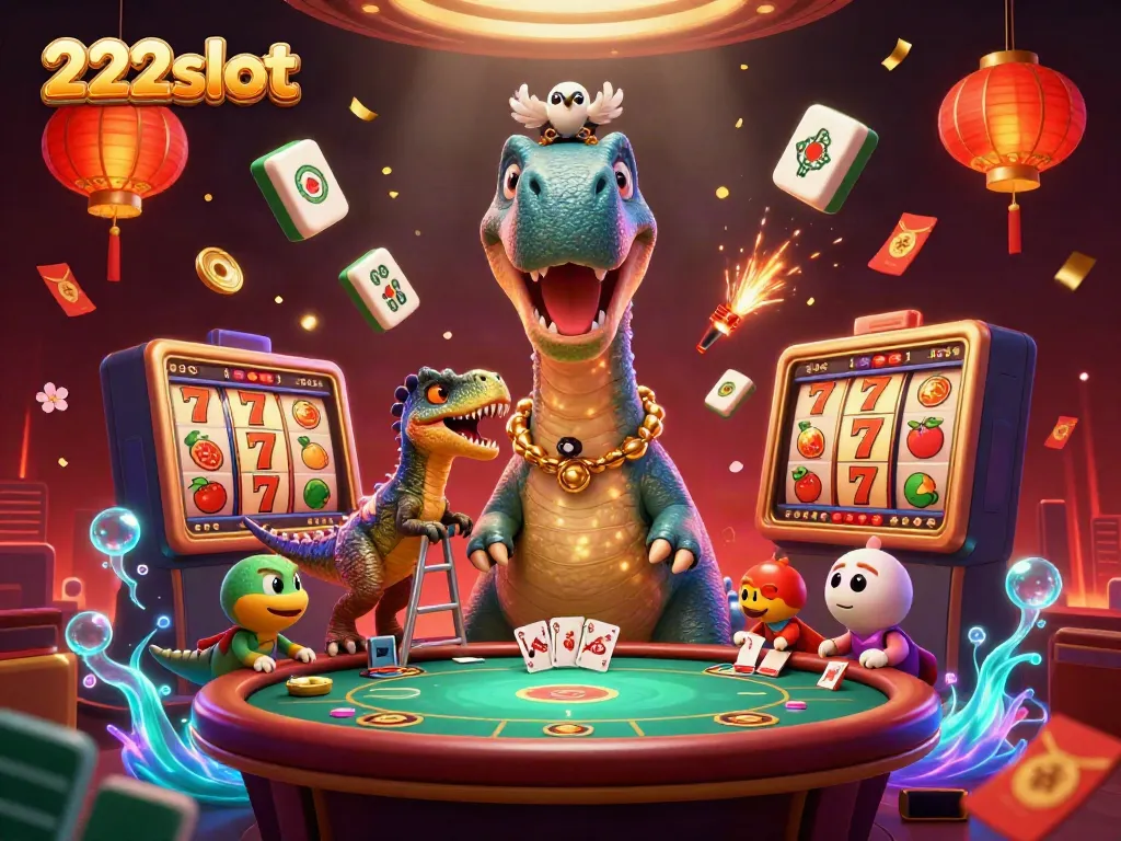 Visualisasi 222slot yang menarik dengan karakter brontosaurus dan elemen kasino berwarna-warni.