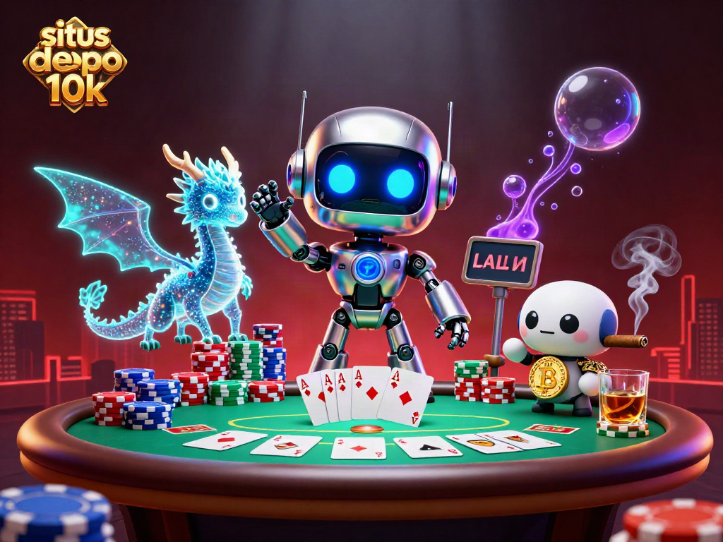 Engage with situs depo 10k at a vibrant 3D illustration of a futuristic casino scene.