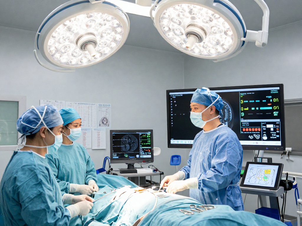 Beyin tümörü ameliyatı preparation in a surgical room with a neurosurgeon and surgical team, highlighting a professional atmosphere.
