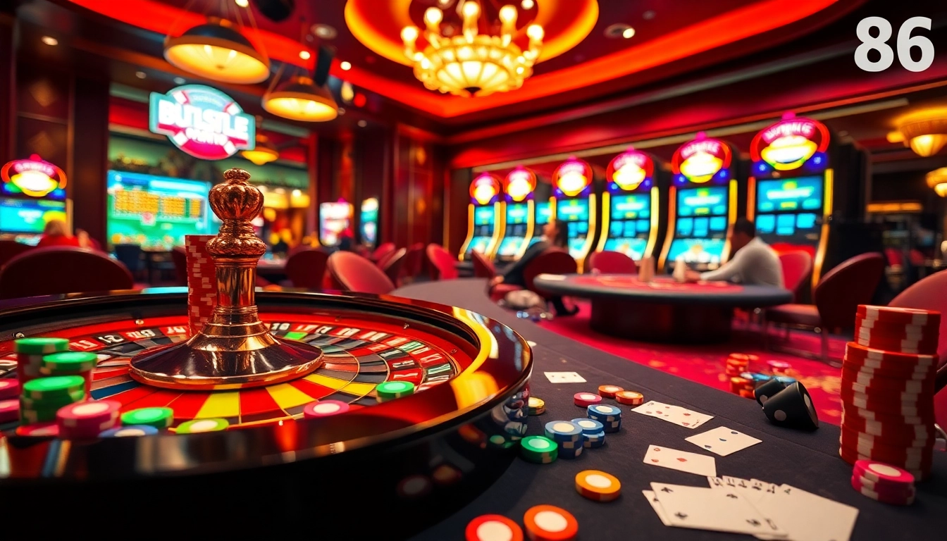 Experience the thrill of gambling at mv88 with stunning poker tables, vibrant slot machines, and a lively roulette wheel.
