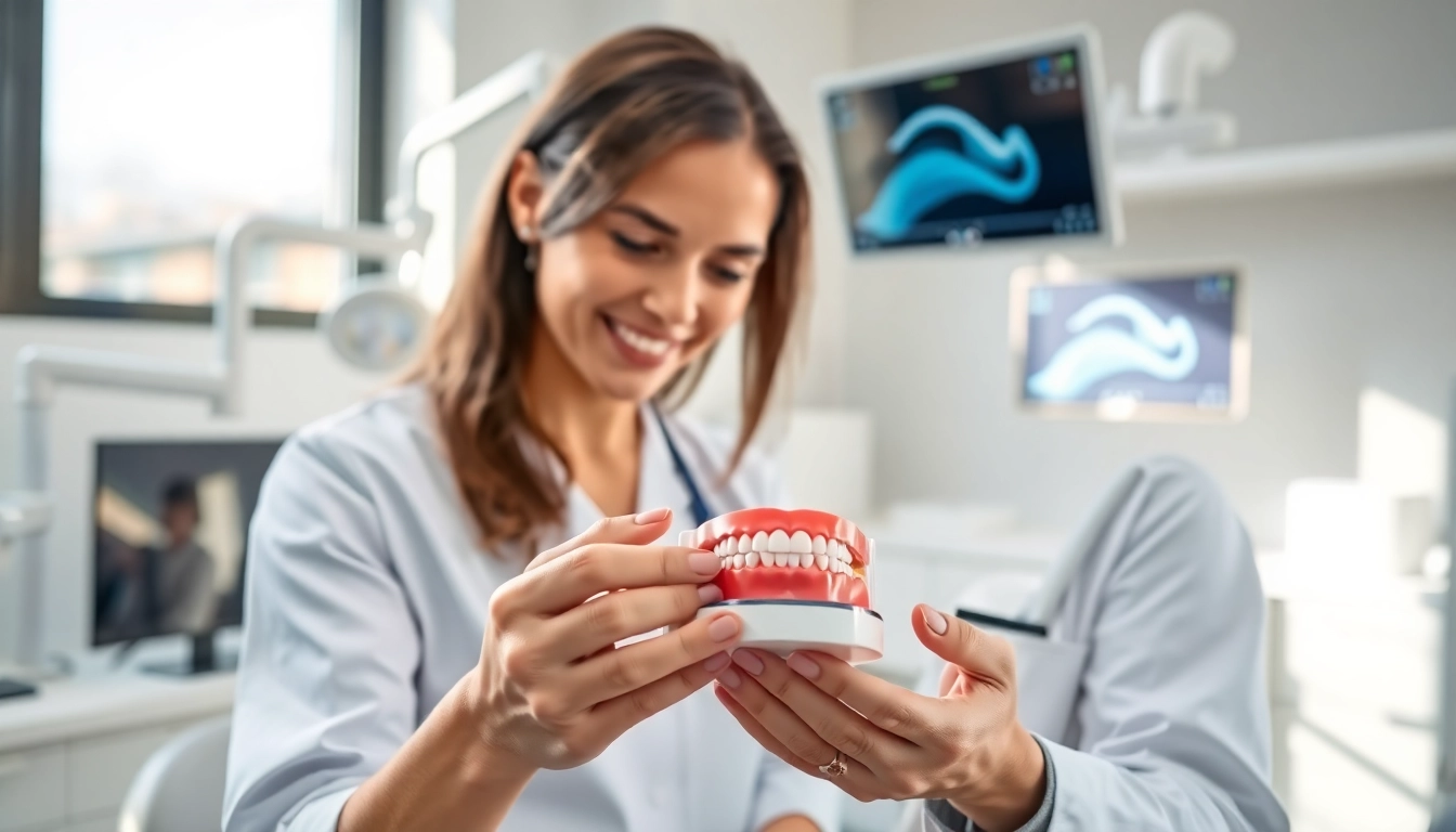 Consultation in orthodontics edmonton with expert examining a dental model.
