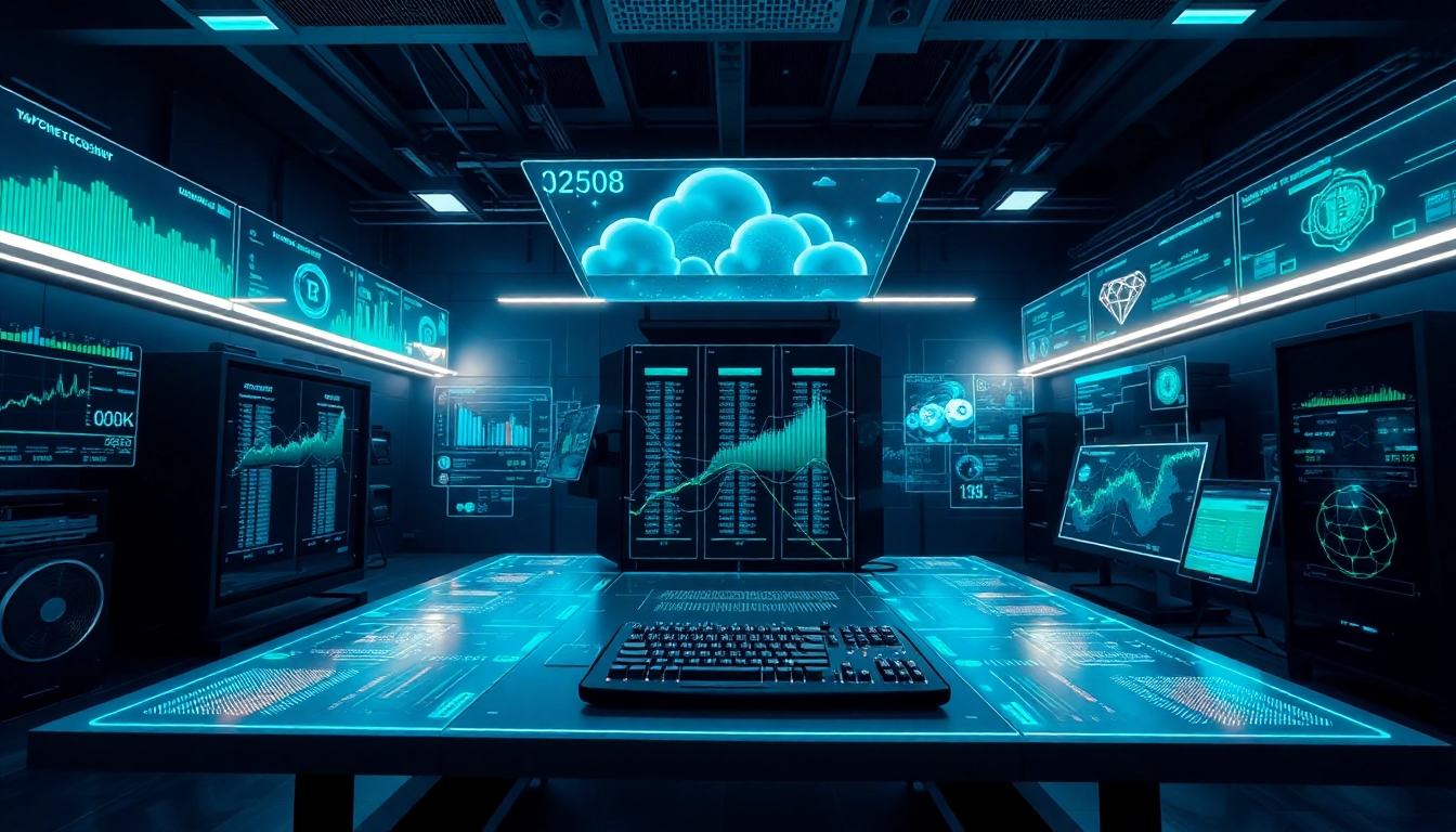 Innovative workspace for top cloud mining technology with holographic displays.