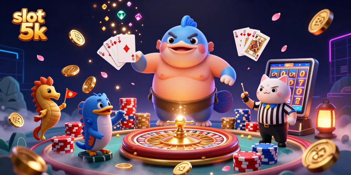 Engage in exciting gameplay at slot 5k with a massive fugu fish in a sumo belt, glittering coins, and vibrant poker chips.