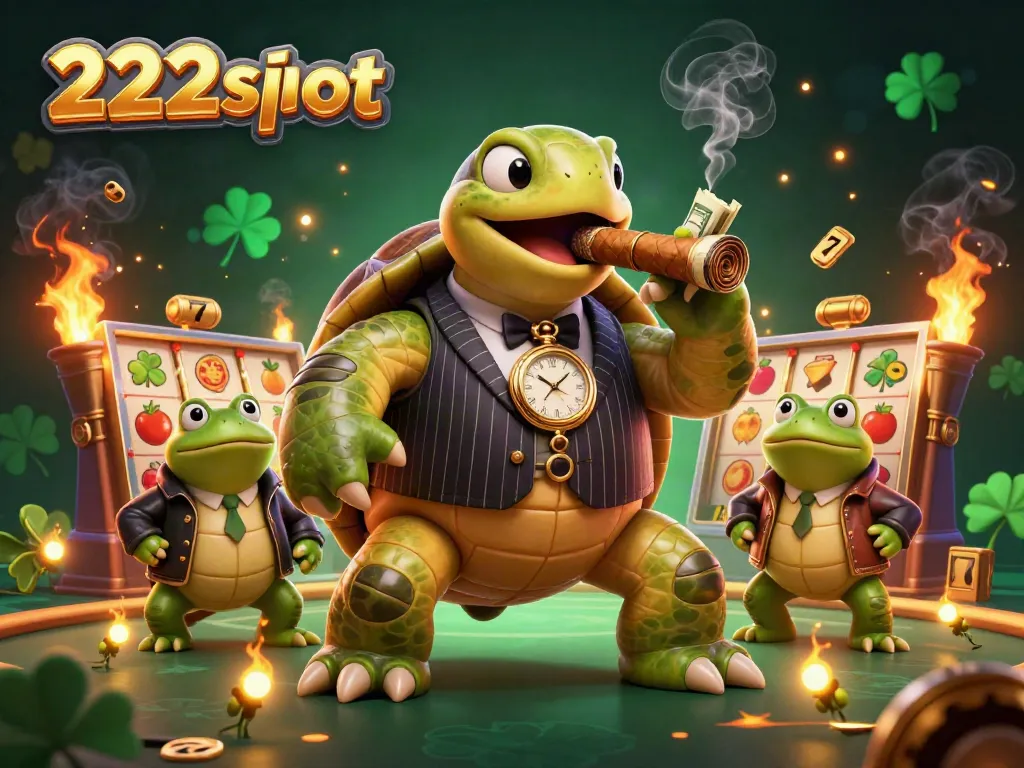 Menggali slot 222slot dengan karakter kura-kura dan katak sedang beraksi di mesin slot yang penuh keberuntungan.