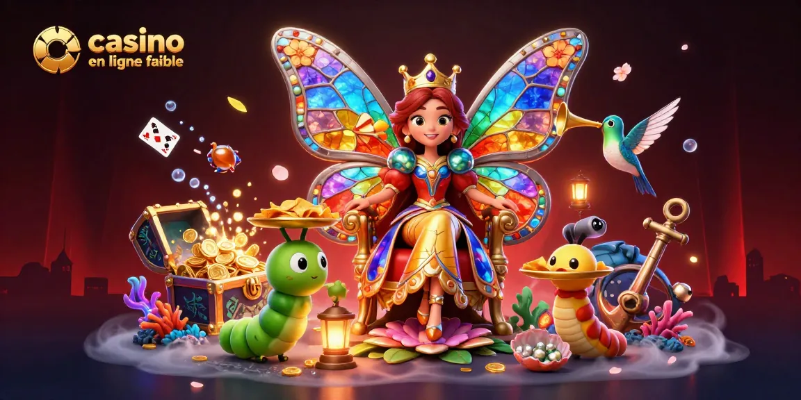 Jouer dans un casino en ligne fiable avec une reine papillon et des serviteurs de jeux colorés.