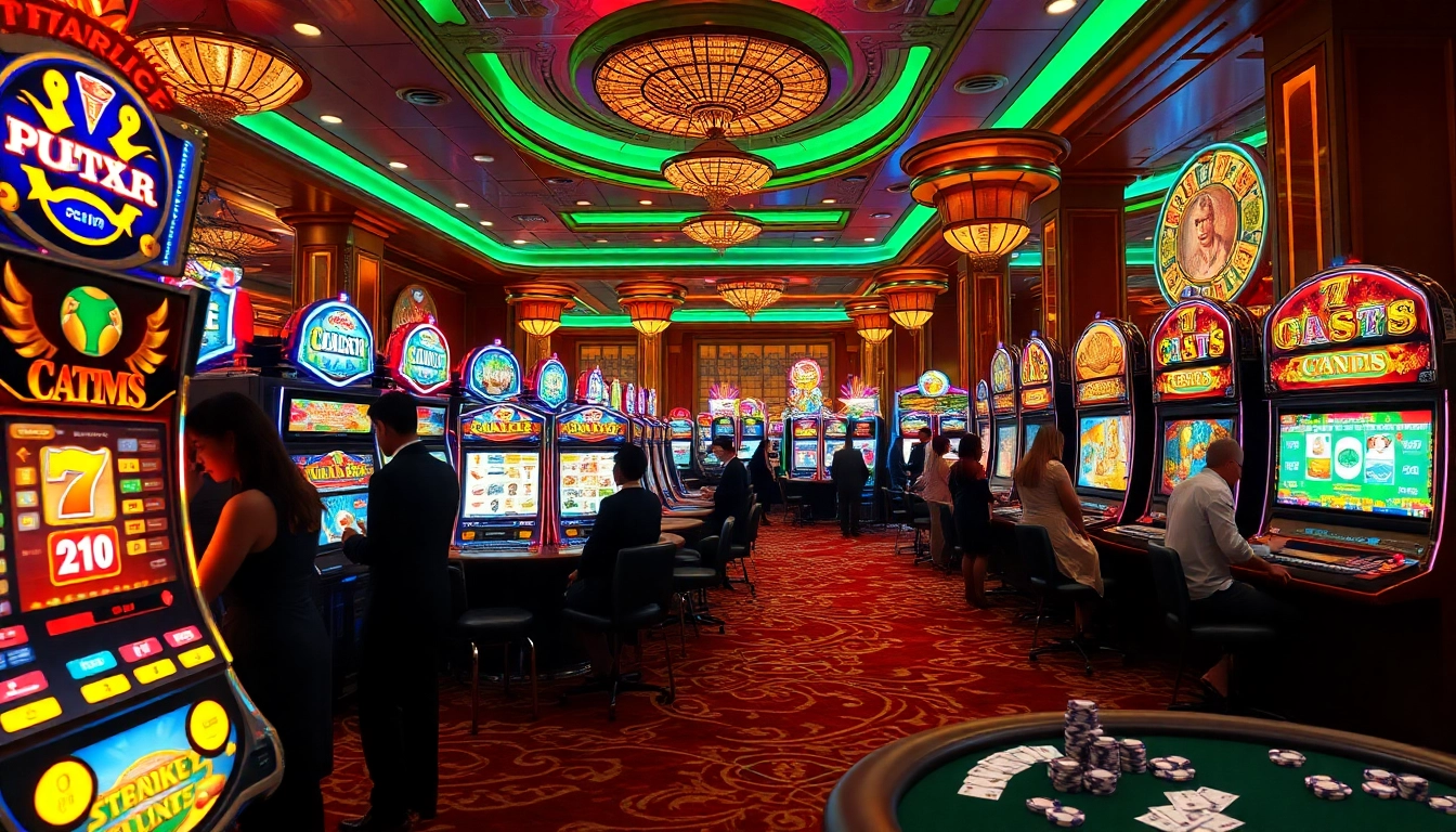 Experience the thrill of slot pragmatic play in a luxurious casino setting, capturing gamblers at vibrant machines.