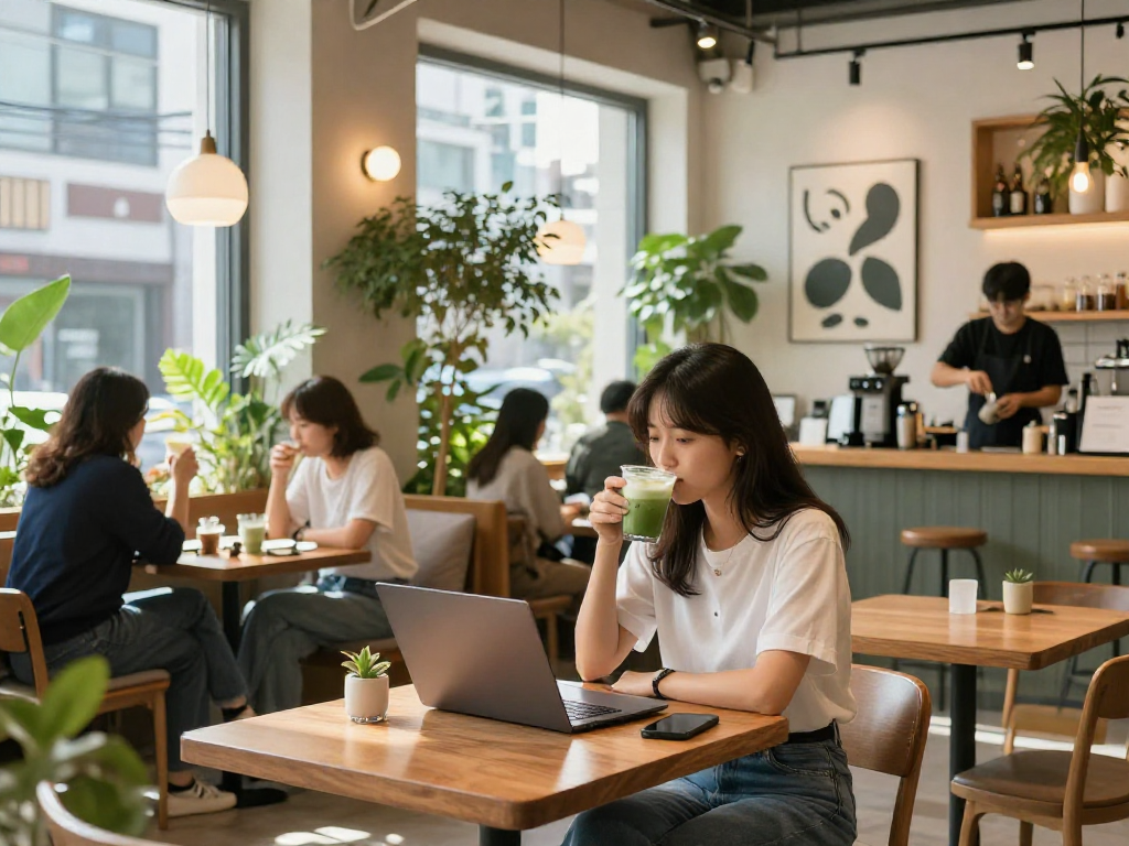 강남 달토에서 현대적인 카페에서 커피를 마시는 여성의 모습