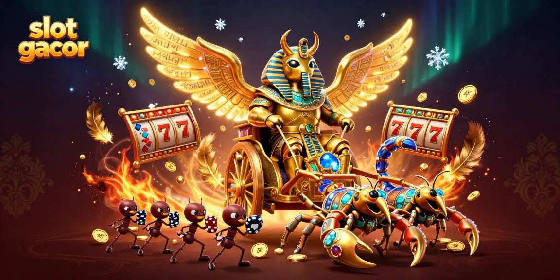 Experience slot gacor excitement with a colossal scarab beetle and scorpions in a vibrant casino scene.