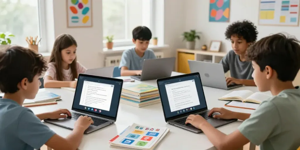 Situs toto online learning scene with diverse students engaged in interactive English lessons.