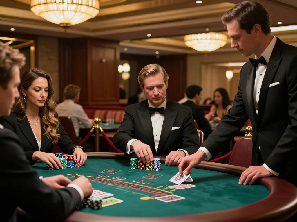 FAFA 828 players engaged in an upscale blackjack game at a high-limit table in a luxurious casino