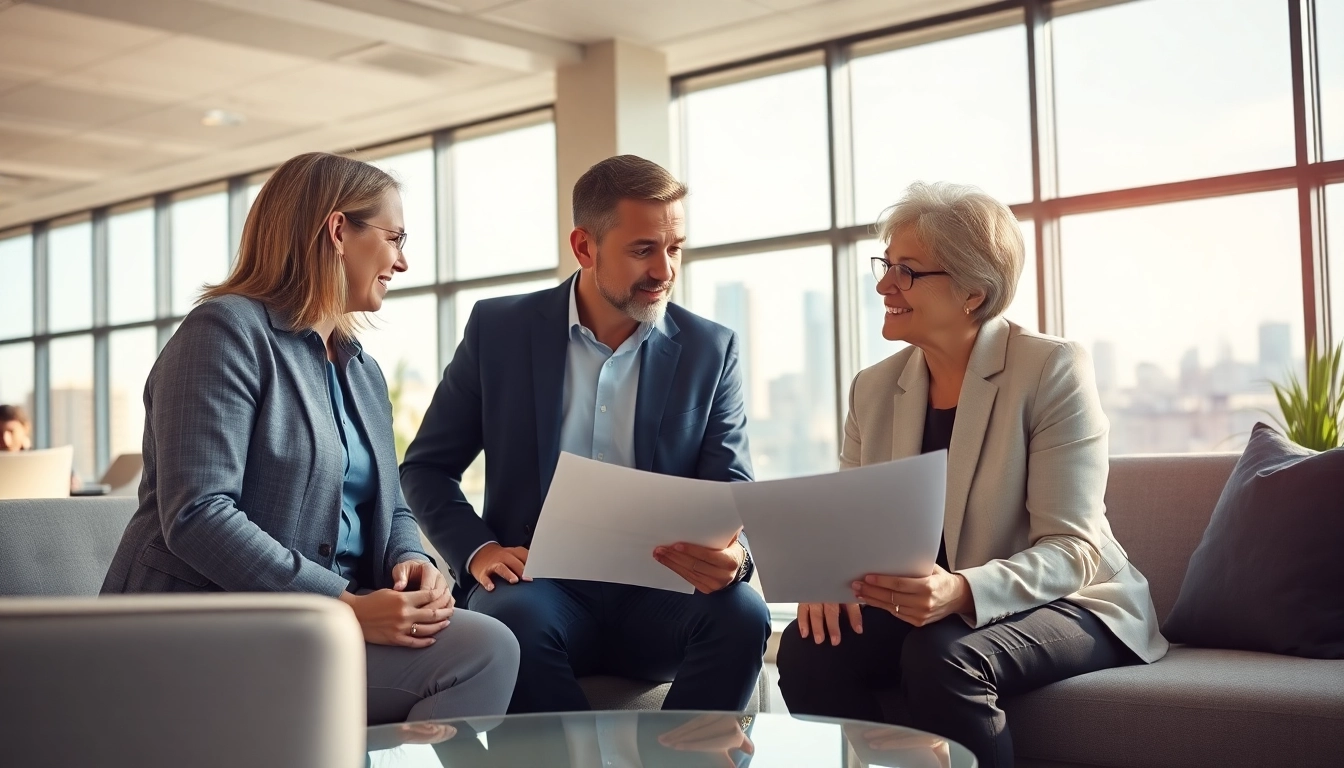 Couple consulting a financial advisor about life insurance options in a modern office setting.