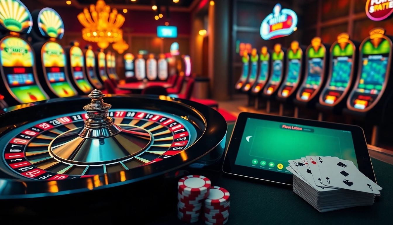 Une scène excitante de site de casino en ligne mettant en avant une roue de roulette numérique et des jetons de poker vibrants.