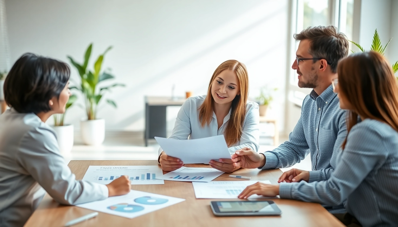 Consultant discussing financing options with clients in a modern office.