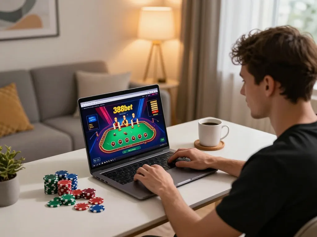 Engaging in online gaming on 388bet with a laptop showcasing a winning gameplay.