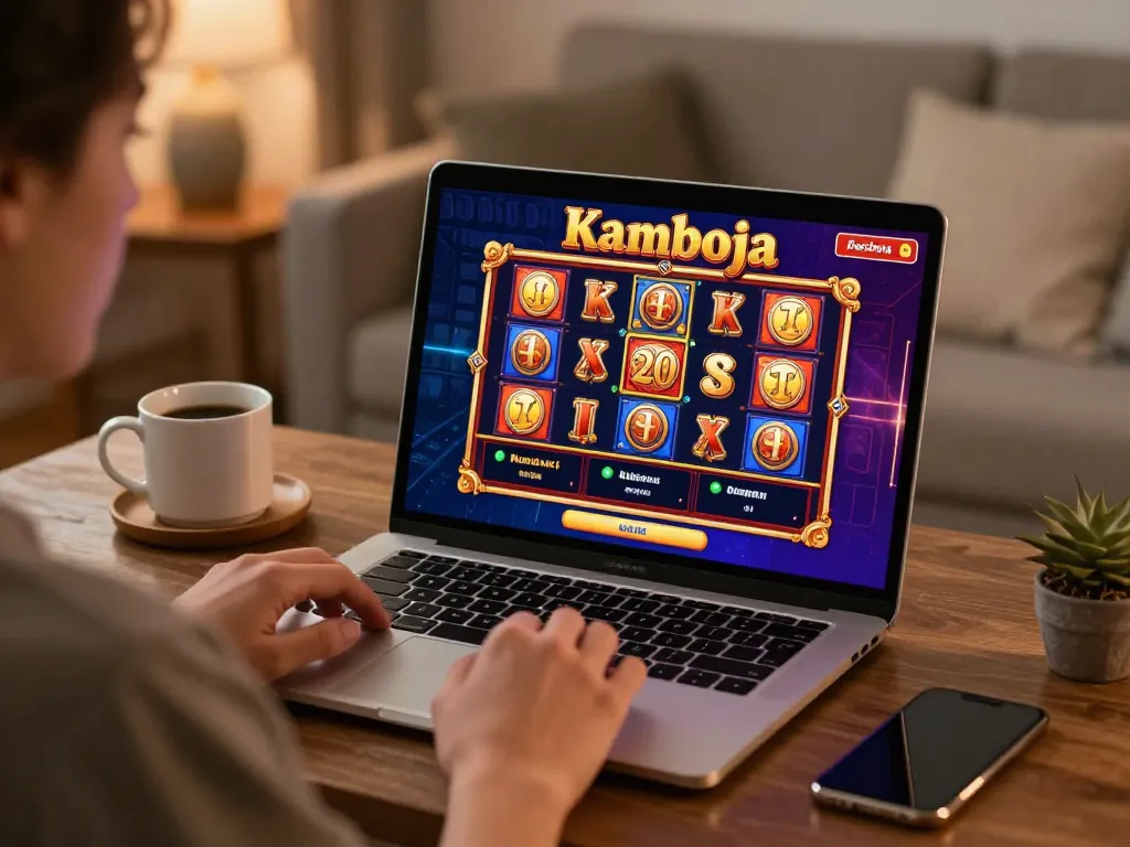 Playing slot kamboja on a laptop in a cozy home environment, highlighting online gambling excitement.