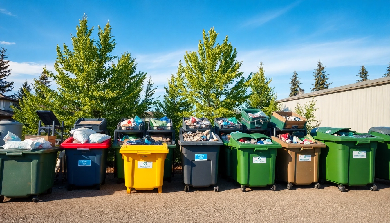 Engaging view of cold lake recycling facility with organized bins and greenery.