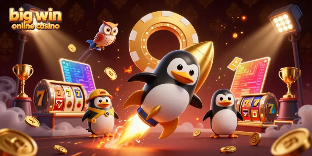 Experience excitement at big win online casino with a golden penguin soaring toward victory in space!