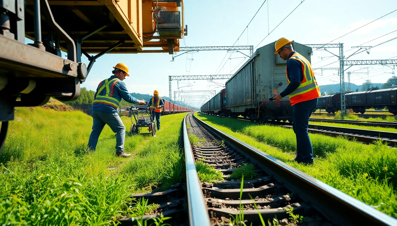 Workers maintaining universal rail tracks in a bright and safe environment.