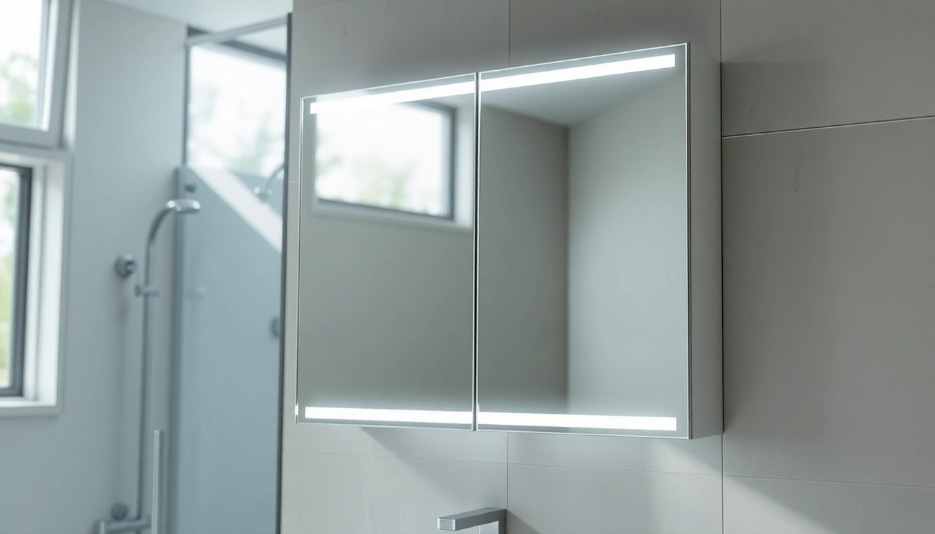 Bright mirrored bathroom cabinet with light reflecting modern style in contemporary setting.