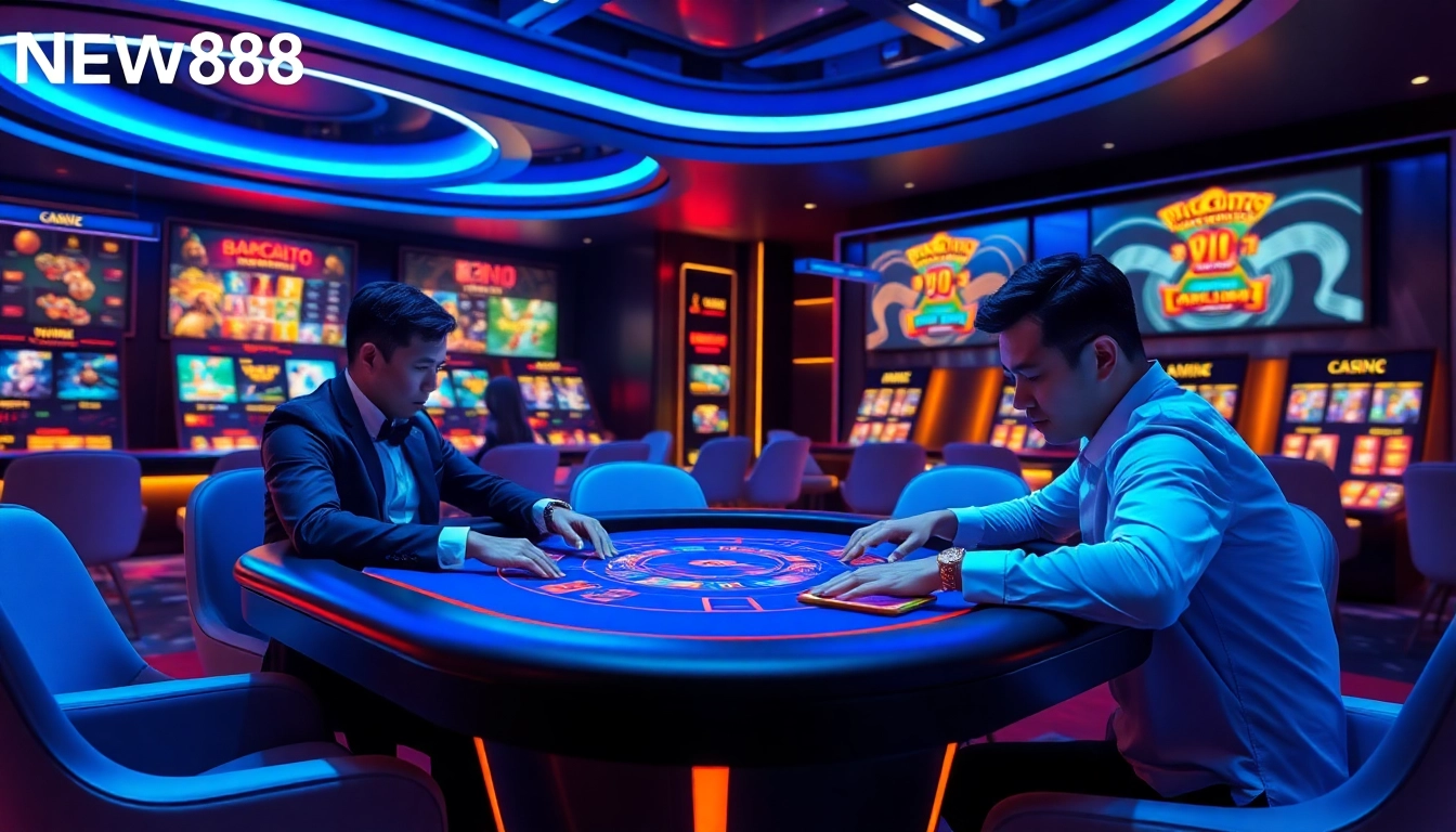 Dynamic casino scene highlighting Baccarat at new88go.com, with neon lights and engaged players.