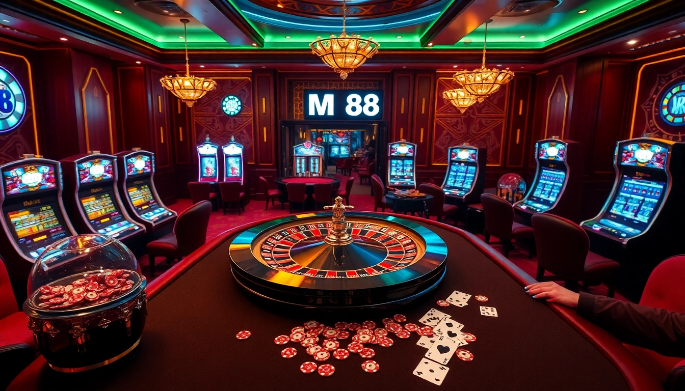 Experience the excitement of MM 88's luxurious casino with vibrant slot machines, roulette, and eager players.
