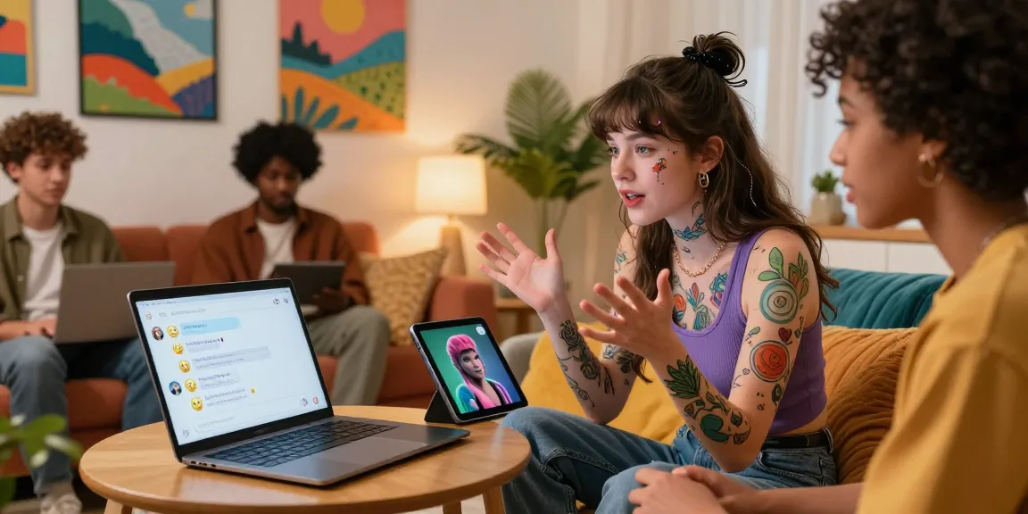 Engaging interaction in ai nsfw chat, featuring diverse individuals in a cozy room with vivid AI character on tablet.
