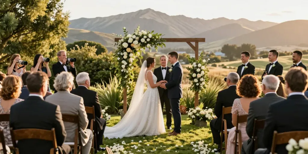 Dunedin wedding photographer captures emotional moment of bride and groom exchanging vows in a scenic outdoor setting.