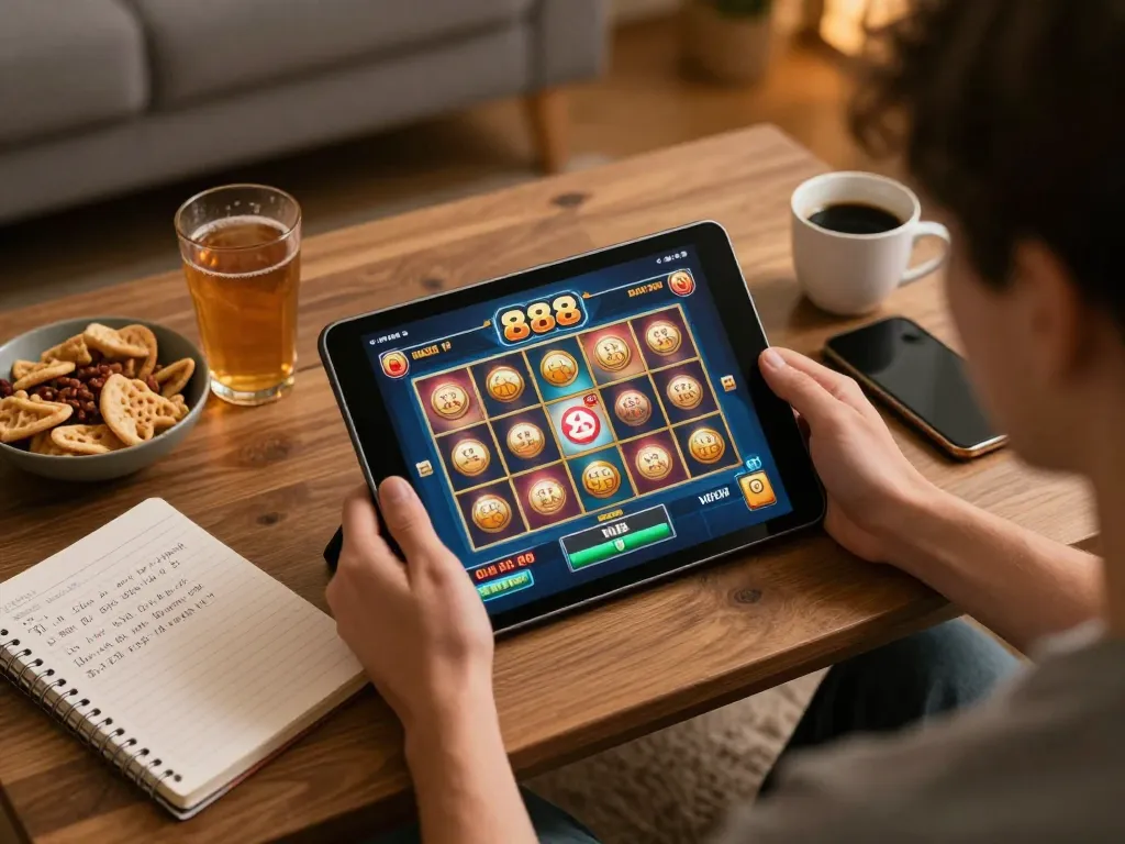 Player enjoying a thrilling session on slot888, with engaging gameplay displayed on tablet, creating a vibrant home gaming scene.